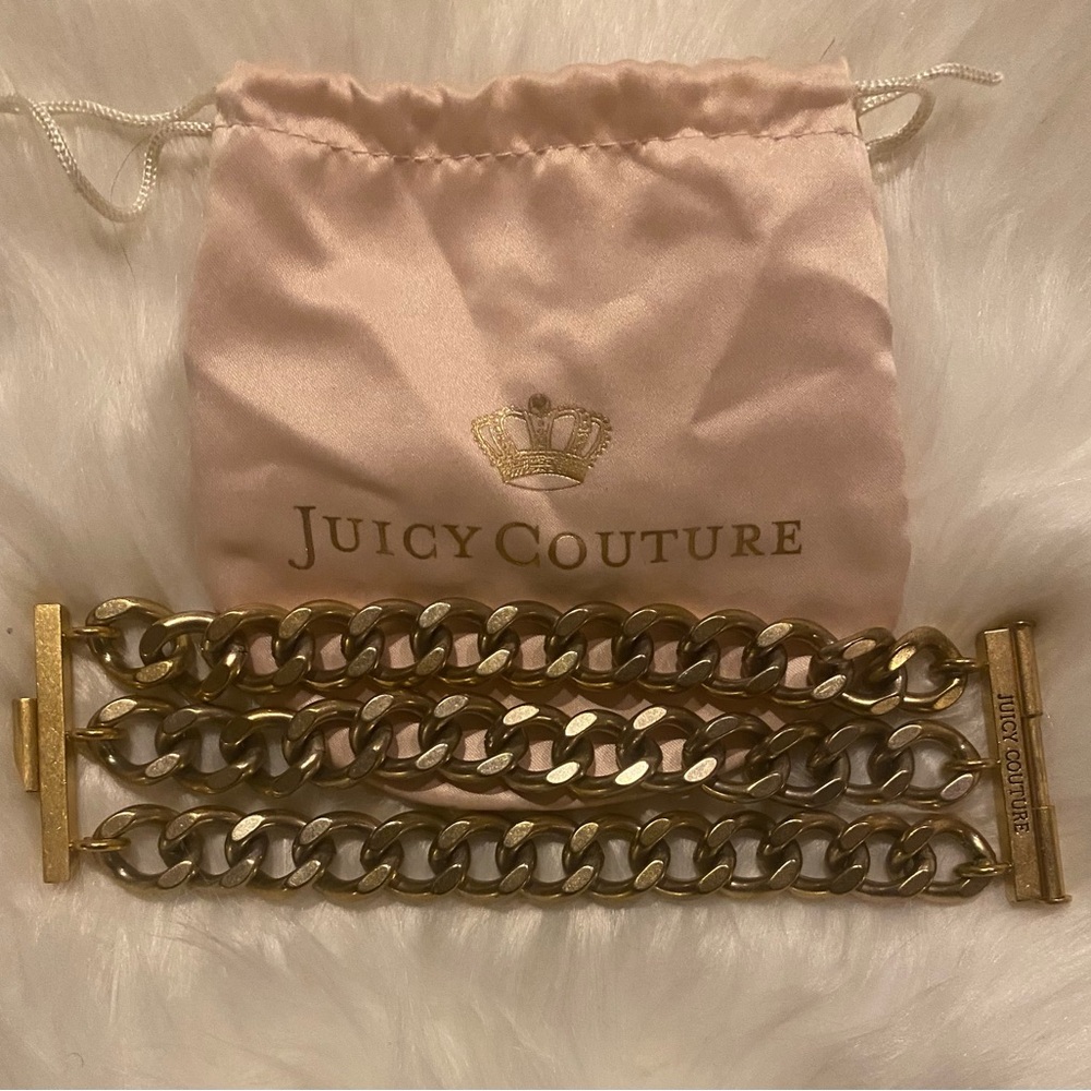 EUC, Juicy Couture Luxury, Three Chain Brushed Gold Bracelet, Dust Bag